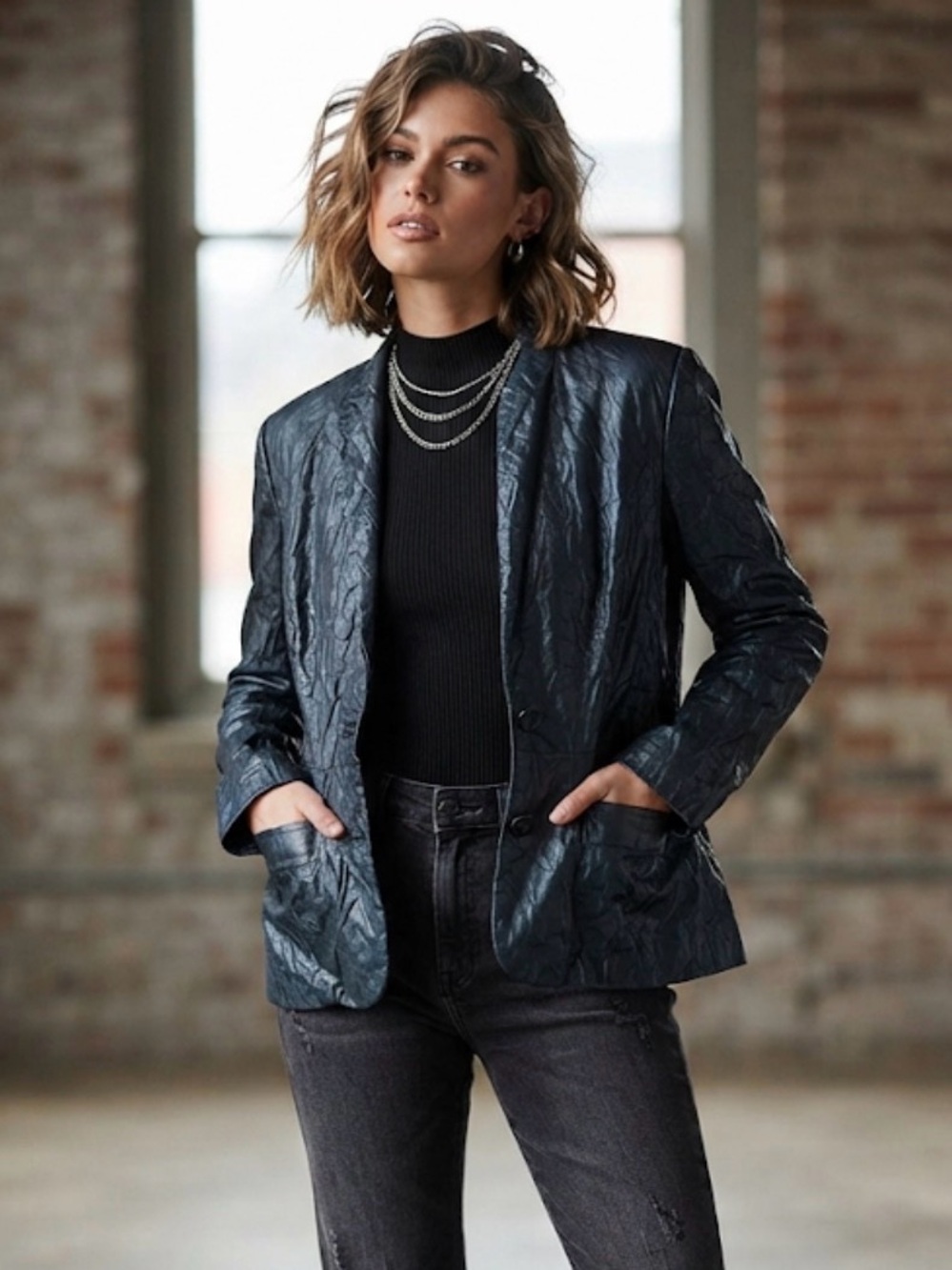 Erin London Vintage Crinkle Faux Leather Blazer Jacket Blue Medium Streetwear